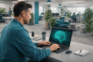 An employee working with AI at their desk